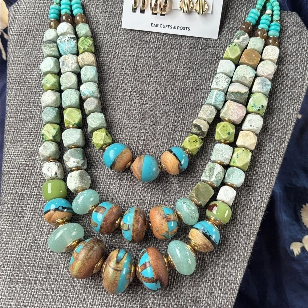 Vintage Navajo Green Turquoise Beaded Multi-Strand Necklace & Nine West Earrings